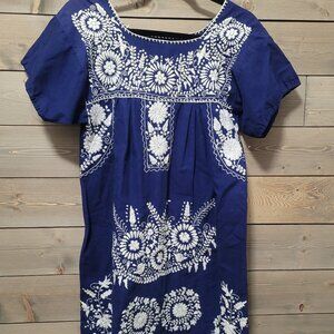 Mexican Dress Womens Vintage Peasant Hand made Embroidered Navy Blue Kaftan